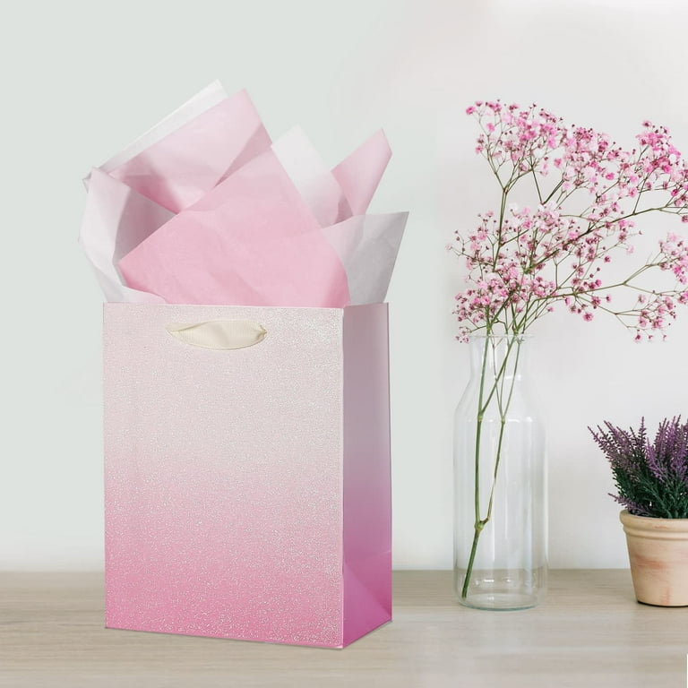 Red Glitter Gift Bags With Tissue Paper - 12 Bags & 24 White Tissue Sheets, 9x7x4 Inch Kraft Paper Bags For Wedding, Baby Shower, Birthday Gifts