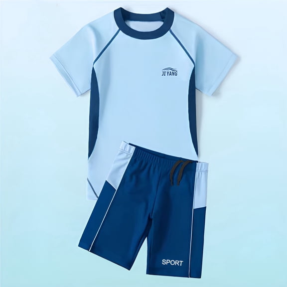 Toddler Colour Block Swimwear 2 Piece Set Summer Separate Short Sleeved Swim Top And Swim Shorts White 9 Y-10 Y