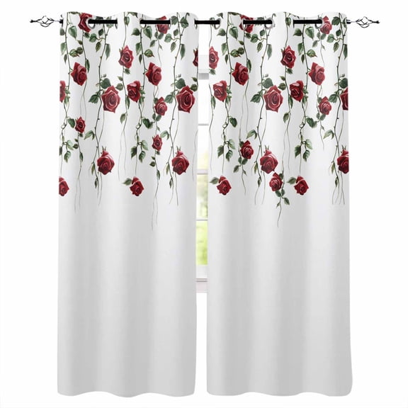 Red Roses Blackout Curtains for Bedroom/Living Room, Thermal Insulated Kitchen Curtains, Spring Floral Summer Botanical Weeping Grommet Darkening Window Treatment Drapes 42"x63"x2