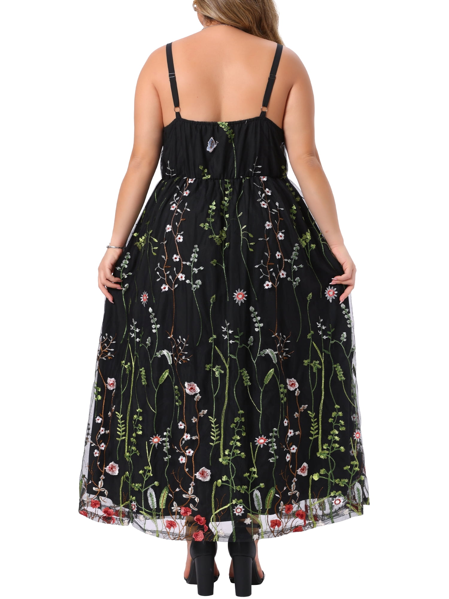 DARING DIVA Women's Plus U Neck Sleeveless Embroidered Mesh 1X Black