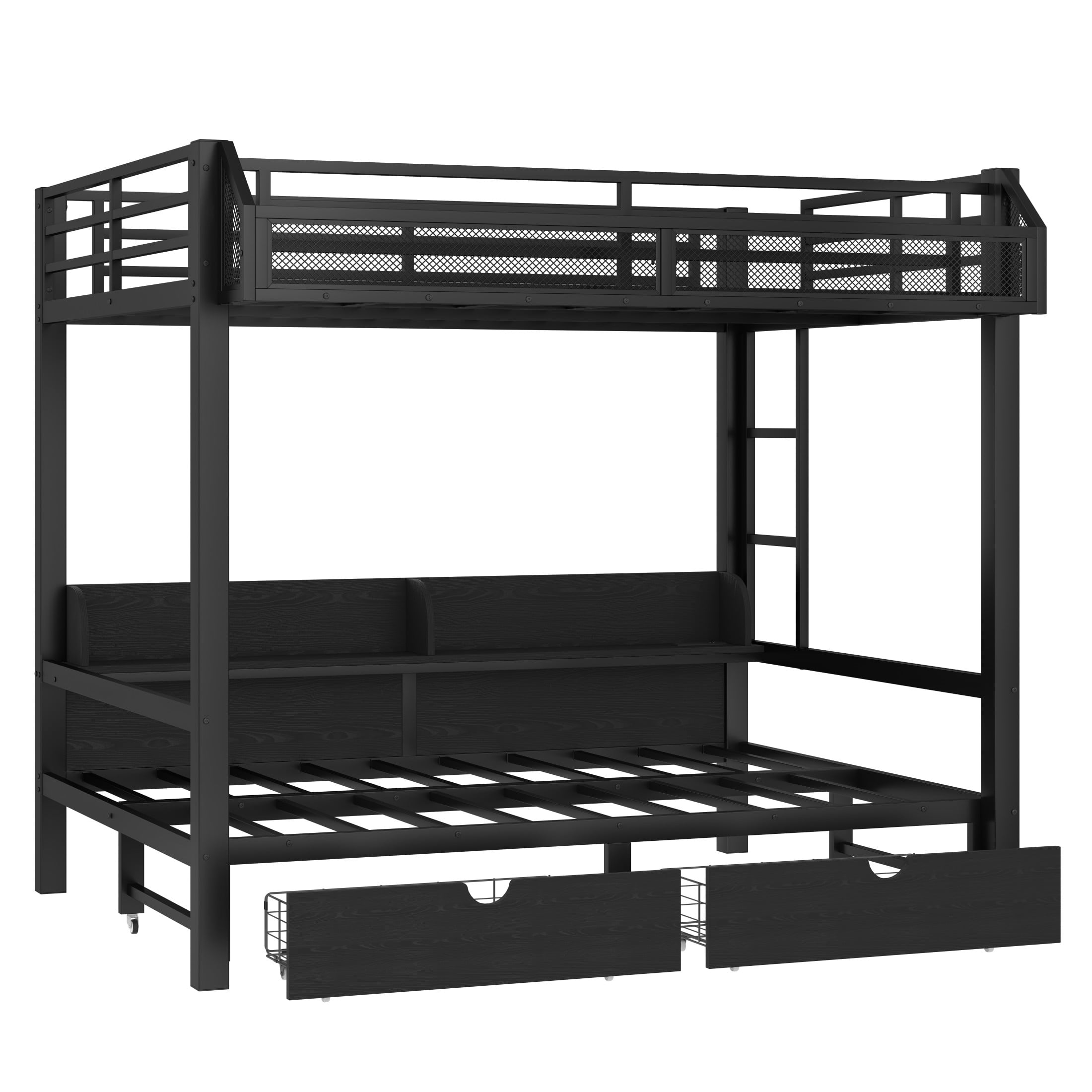 Aukfa Full over Full Metal Bunk Bed with Storage Drawers, Shelves, USB Ports & LED Lights, Convertible Bottom Sofa Bed, Heavy-Duty Bed Frame for Kids Teens Adults, Black