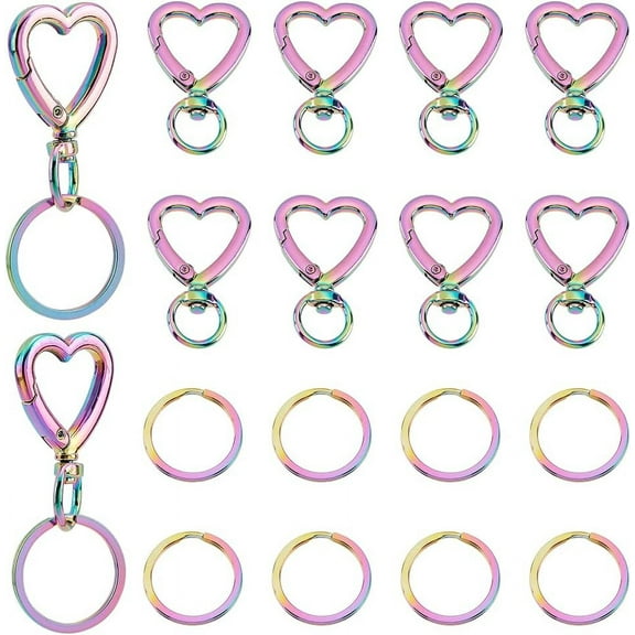 PH 20pcs Heart Keychain Clip 10pcs 1 Inch 304 Stainless Steel Round Split Key Rings 10pcs Metal Trigger Snap Hooks Iridescence Lanyard Keychains Hook for Keychain Lanyard Bag Mother's Day for DIY