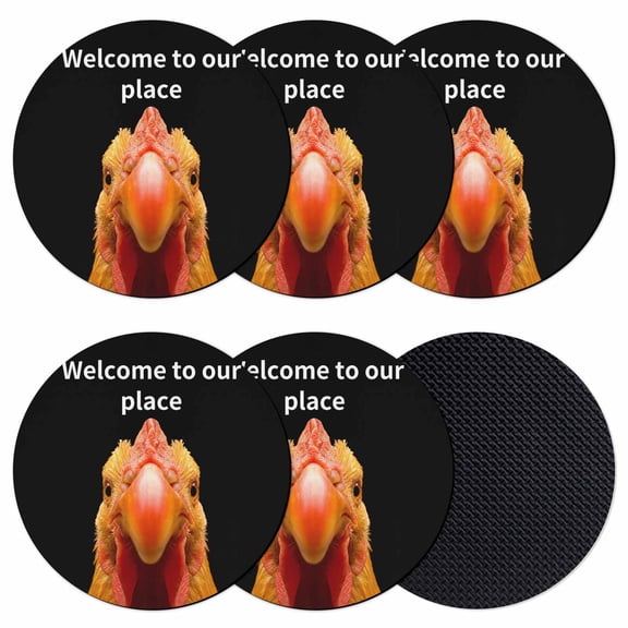 Funny Chicken Coasters Set of 6, Absorbent Coasters for Drinks, Welcome To OUR Place Modern Retro Coaster for Desk Coffee Table Protection, Home Decor House Warming Gifts 4"