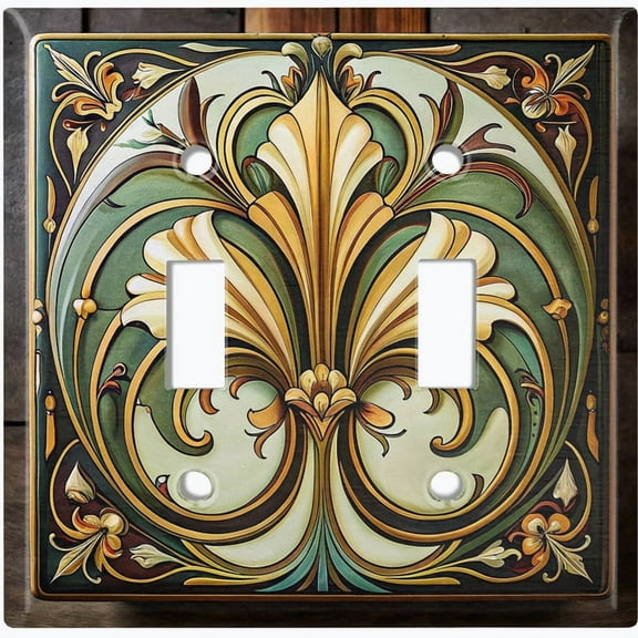 Metal Light Switch Wall Plate Outlet Cover (Art Deco Botanical Emblem - Double Toggle)