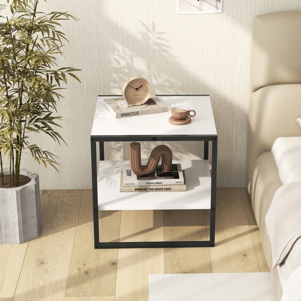 GVN End & Side Tables,2-Tier Square End Table with Storage Shelf Reversible Design-White