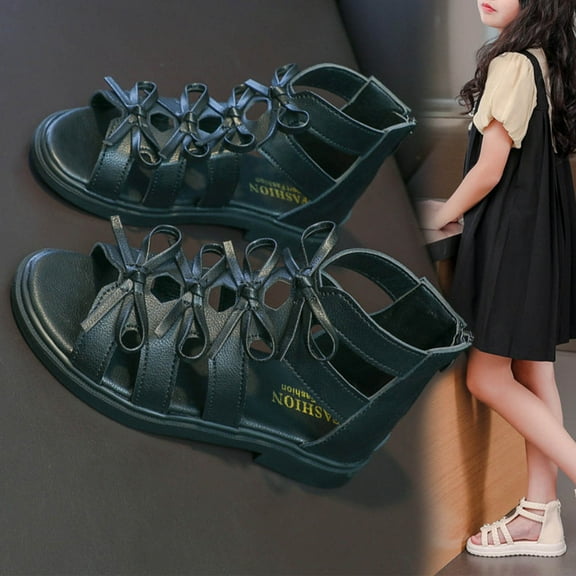 ATOGUTA Summer Sandals for Girls Black Strappy Open Toe Outdoor Flats with Zipper Kid Summer Shoes for Girls