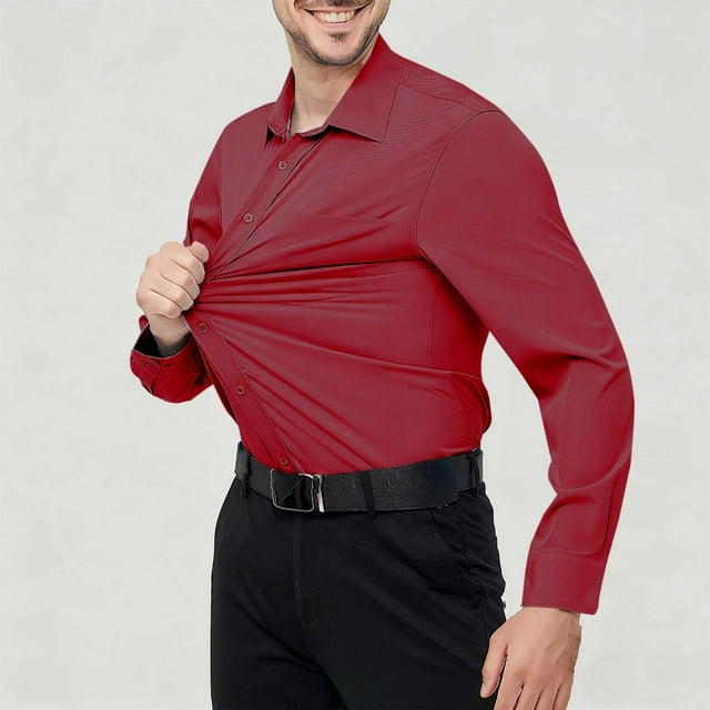pstuiky camisas de manga larga para hombre, Camisa de manga larga con botones y elástico para hombre, informal, de color liso y a la moda top de hombre l