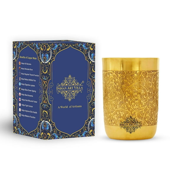 Indian Art Villa Brass Glass Tumbler, Embossed Flower Design, 10.1 oz, Decorative Drinkware