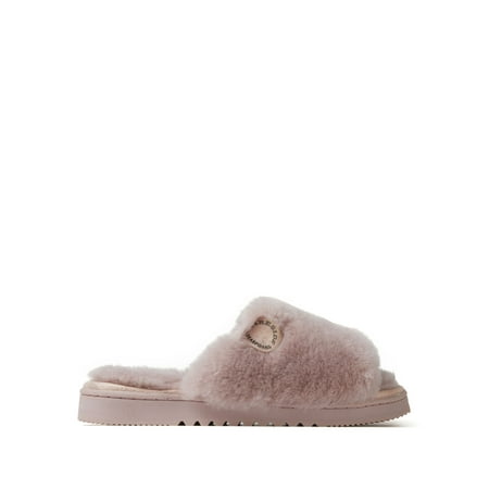 

Dearfoams Women s Cairns Genuine Shearling Slide with Metallic Trim Slippers