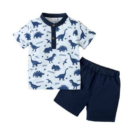 

Kucnuzki 2T Toddler Boy Summer Outfits Shorts Sets 3T Short Sleeve Blue Dino Prints Stand Collar Shirt Tops WalkShorts 2PCS Set Blue