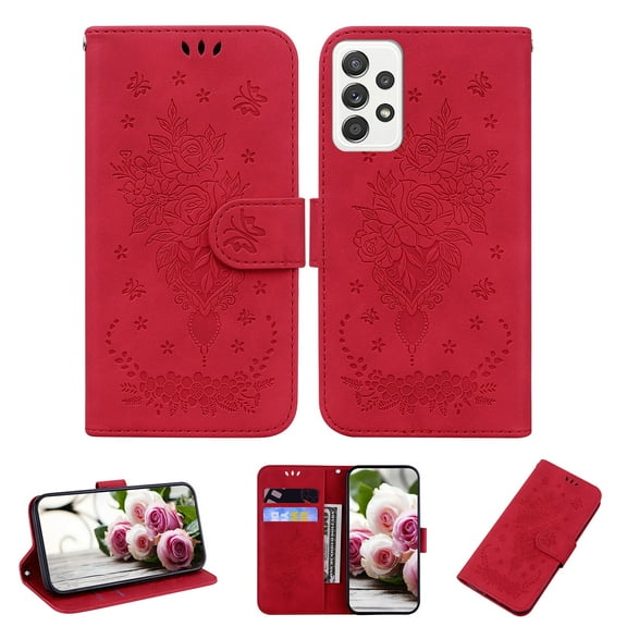 Dteck Wallet Case for Samsung A52, Flower Embossed PU Leather Flip Case with Card Holder Kickstand Protection Cover Wirst Strap Protective Case for Samsung Galaxy A52 5G/4G,Red