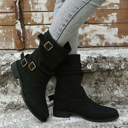 

Christmas Fashion Women Artificial Leather Solid Color Autumn Square Heels Zipper Round Toe Mid Boots Shoes