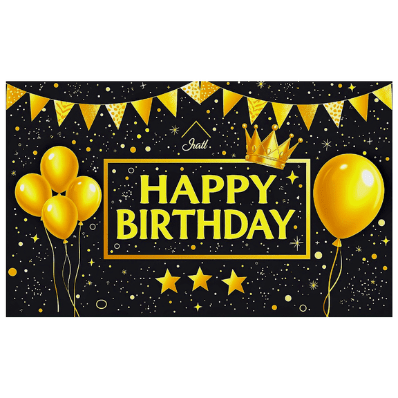 Black Background Golden Happy Birthday Banner with Crown Balloons Stars and Bunting Party Decors for Birthday Party Photography Props Backdrop Supplies
