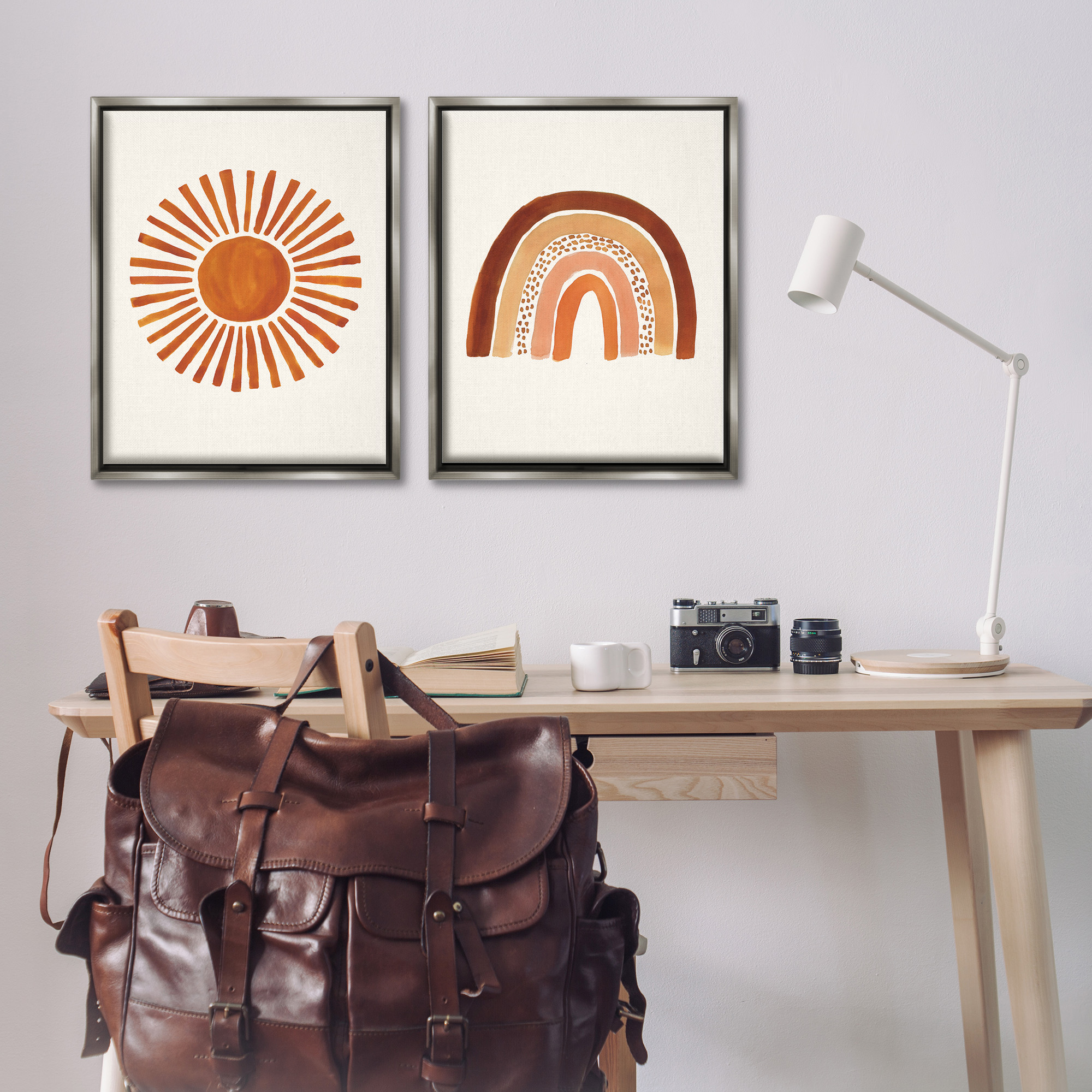 Stupell Industries Orange Sun Patterned Rainbow Boho Landscape Painting Gray Floater Framed Canvas Art Print Wall Art, 25 x 31, Set of 2
