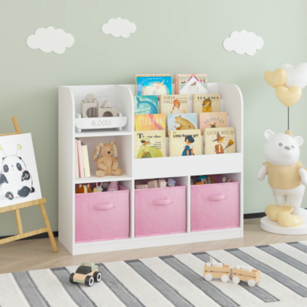 Kids Bookcase and Bookshelf, Multifunctional Children's Bookcase with 3 Collapsible Fabric Drawers, Book Display Stand & Toy Storage Organizer for Bedroom, Playroom & Hallway, White/Pink