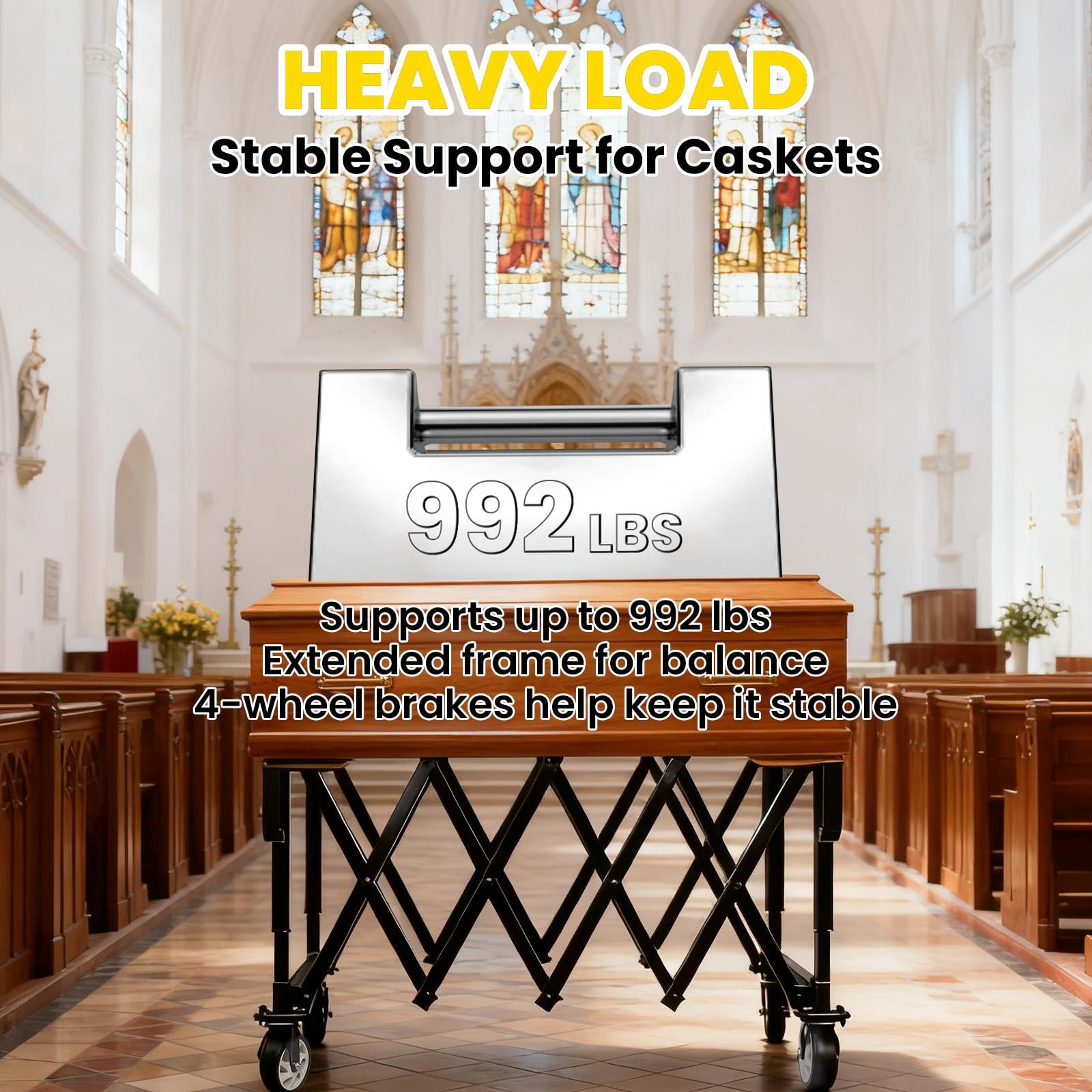 Carbon Steel Silent Wheel Hand Truck, Foldable Funeral Coffin Trolley, Stable Mortuary Casket Carrier Cart for Memorial Services