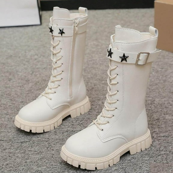 Eltusu Girls Riding Boots, Thermal Lace-up Mid-Calf Windproof Winter Shoes Beige Size 2(Big Kids)