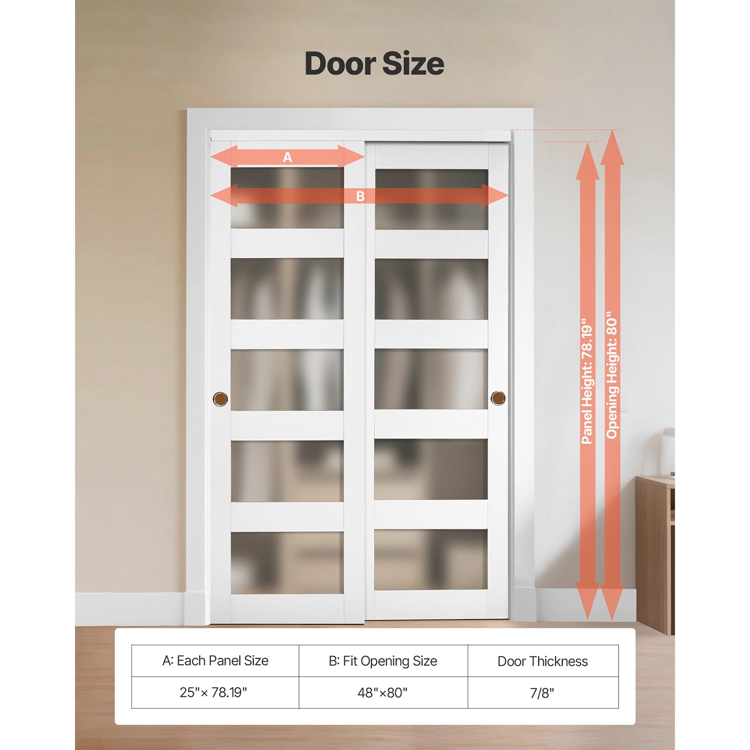 KFFKFF Sliding Closet Door, 48" (Double 25") x 80", Frosted Glass Bypass Doors with Hardware Kit & Floor Guide, Durable Wood and MDF Panels with Waterproof PVC Coating for Bedrooms and Closets