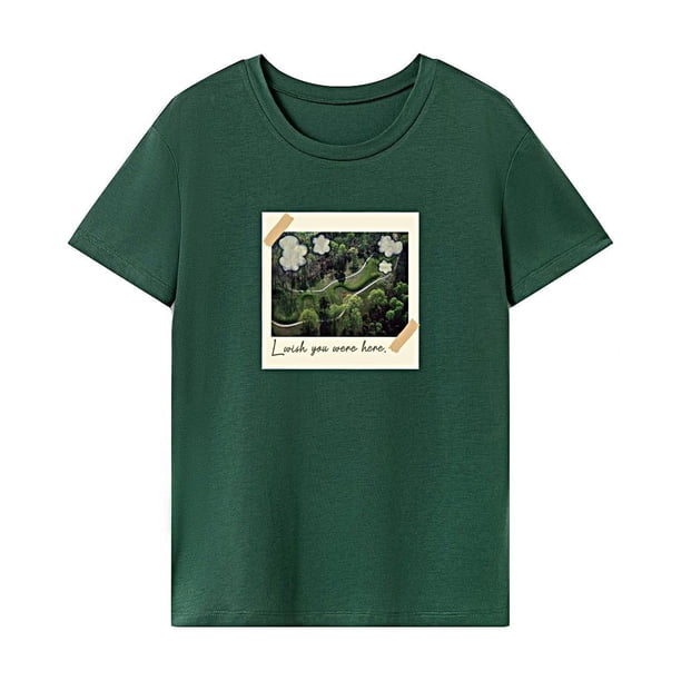 Camiseta para mujer de verano simple y ligera con cuello redondo para el trabajo, camping, compras Verde
