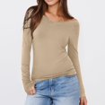 thumbnail image 3 of TKLPEHG Womens Tops Dressy Casual Crew Neck Tight Slim Shirt Solid Color Lightweight Fall Tops Fashion Long Sleeve T Shirt Comfy Blouses Pullover (Khaki,S), 3 of 8