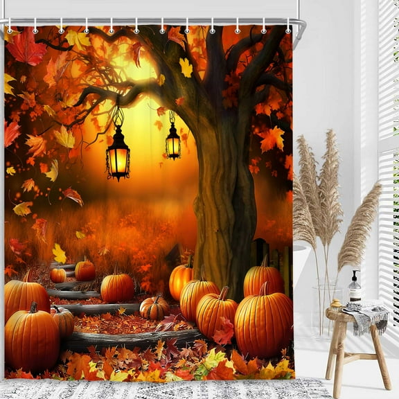 Autumn Shower Curtain for Bathroom, Brown Fall Tree Thanksgiving Harvest Pumpkin Bathroom Curtain for Halloween Decor, Orange Maple Leaves Tree Nature Autumn Fabric Curtain Sets with Hooks, 72X72in