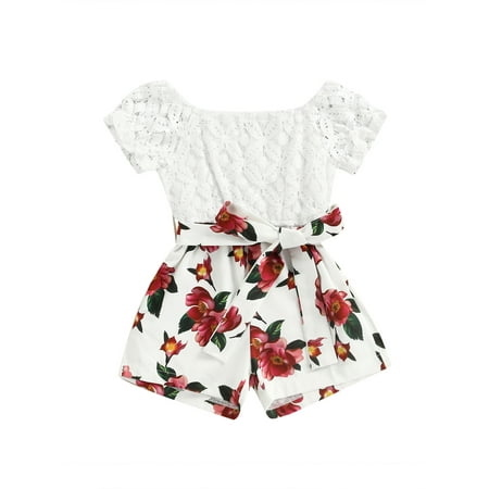 

aturustex Summer Toddler Girl Jumpsuit Lace Short Sleeve + Floral Romper Shorts One Piece Playsuit Summer Outfit ( 1-6 Years)