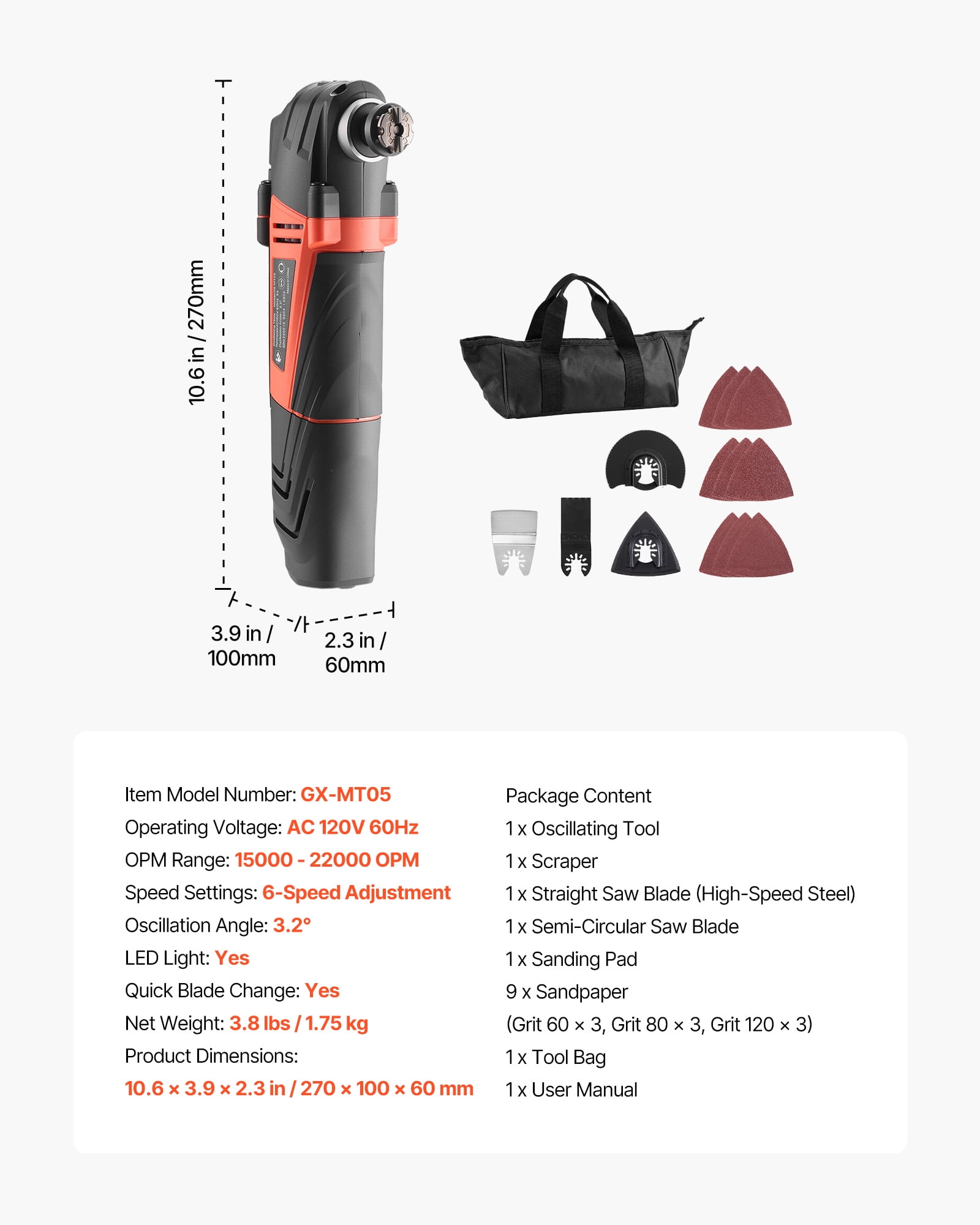 VEVOR Multitool Oscillating Tool, 3Amps Corded Oscillating Multi Tool with 6 Variable Speeds 15000 - 22000 OPM, 3.2° Oscillating Angle, 13PCS Saw Accessories, LED Work Light & Tool Bag