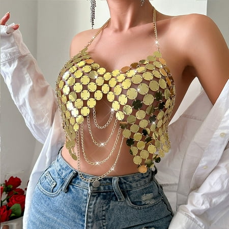 Xysaqa Women s Metal Sequin Tank Top Halter Spaghetti Strap Crop Top Women Sexy Shiny Rhinestone Jewelry Sleeveless Shirt for Night Club Party Outfit Gold Summer Savings