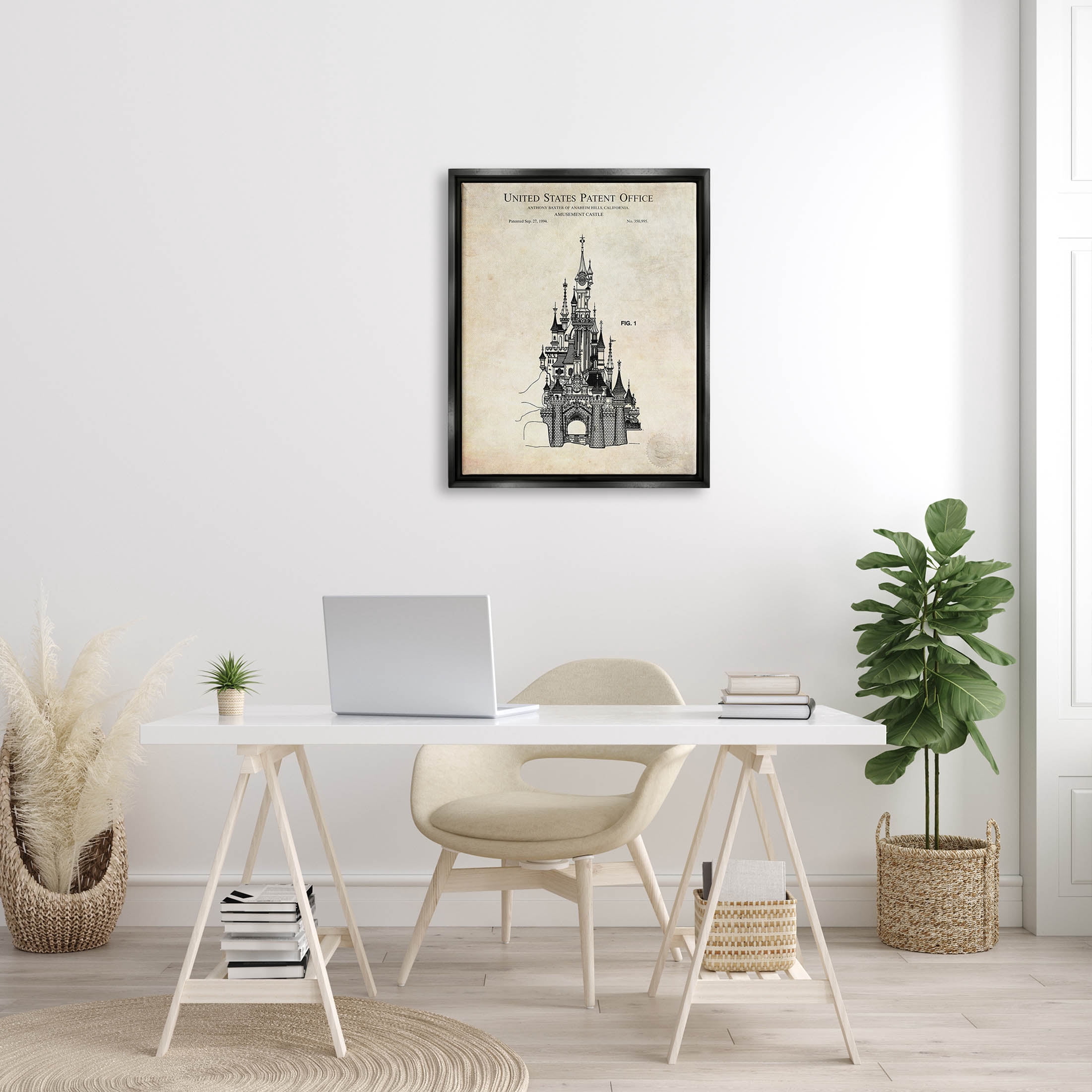 Stupell Industries Fantasy Castle Vintage Diagram Graphic Art Jet Black Floating Framed Canvas Print Wall Art, Design by Karl Hronek