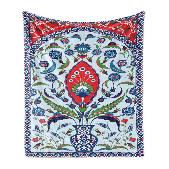 Turkish Pattern Soft Flannel Fleece Throw Blanket, Floral Nature Art Motifs from Istanbul Abstract Plant in a Vase, Cozy Plush for Indoor and Outdoor Use, 50" x 60", Blue Green Scarlet, by Ambesonne