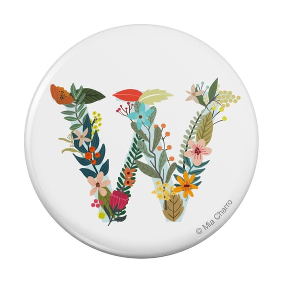 Letter W Floral Monogram Initial Pinback Button Pin