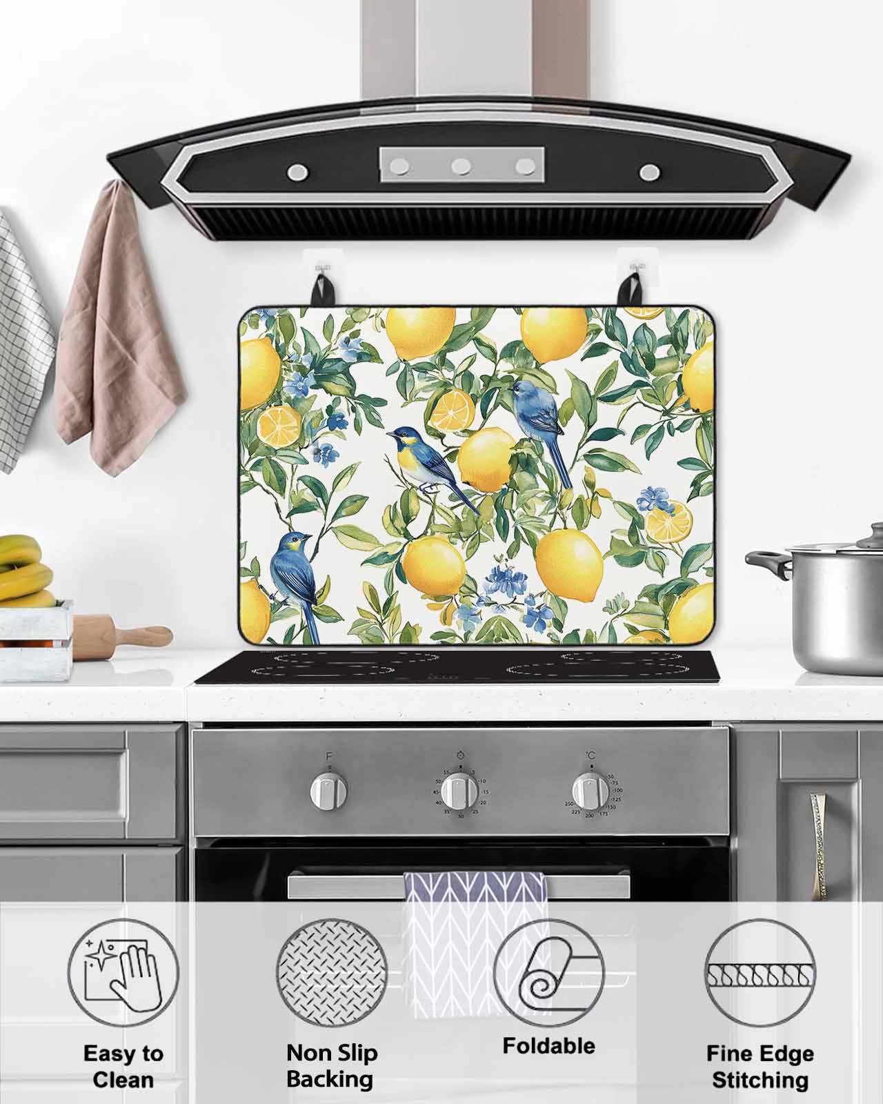 nqOlkjepod Large Induction Cooktop Protector Mat 36"x21", Botanical Lemon Stove Top Covers for Electric Stove, Watercolor Blue Birds Green Leaves Stove Burner Cover Mats, Glass Top Stove Cover