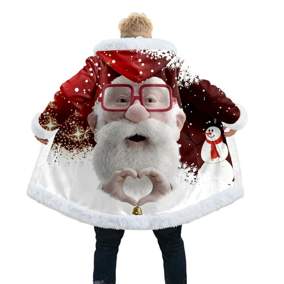 Funny Christmas Long Cardigan For Men Hoodies Santa Claus Xmas White Trim Warm Hooded Coat With Pocket