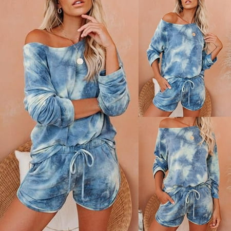 

Ovzne Womens Tie-dye Pocket Long Sleeve Pajama Set Night Lounge Top Short Sleepwear