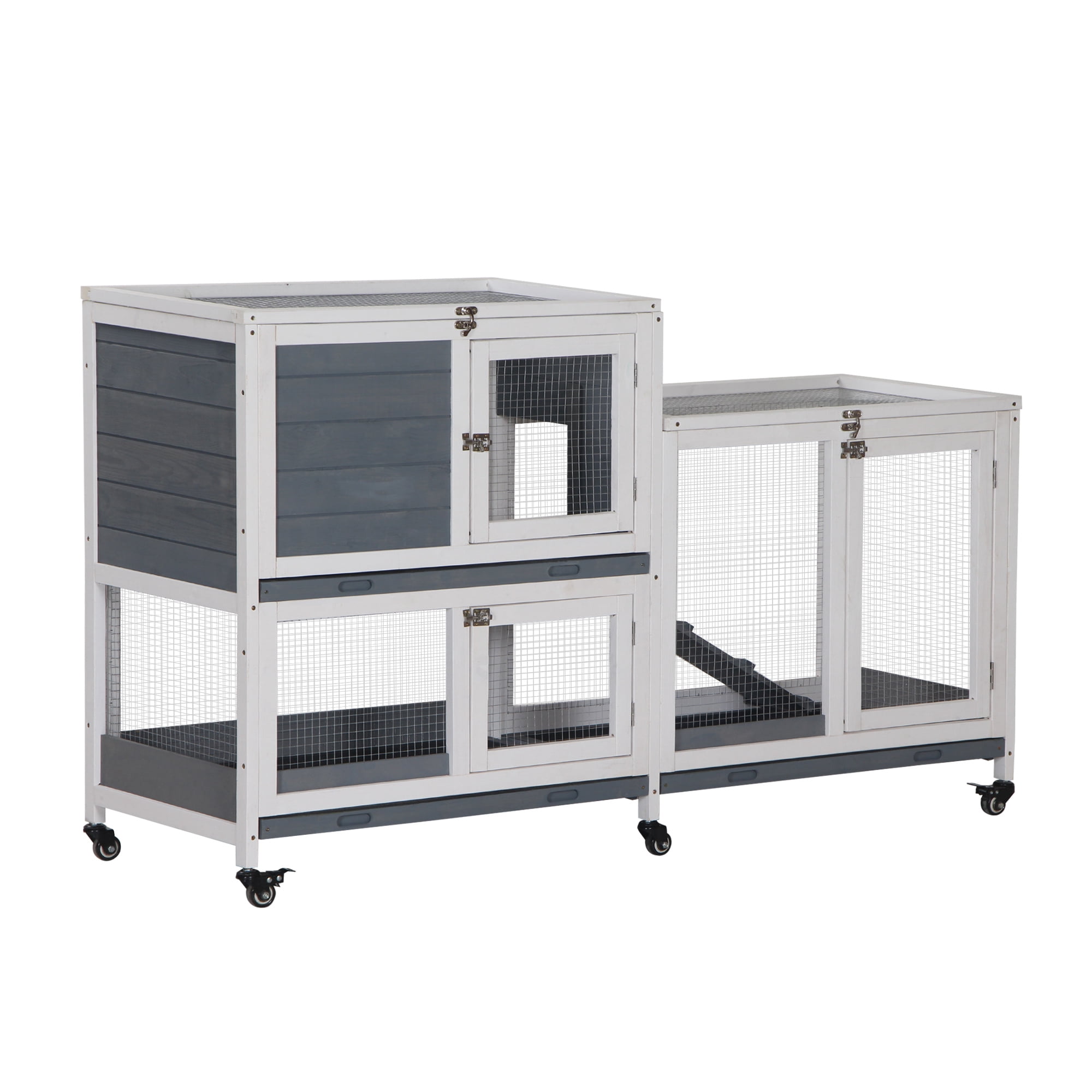 Wooden Rabbit Hutch Bunny Hutch Elevated Pet House Cage Small Animal Habitat with No Leak Tray Lockable Door Openable Top for Indoor 57.75" x 18" x 32.5" Grey