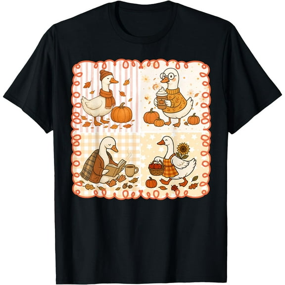 Vintage Goose Pumpkin Season Autumn Fall Leaves Thanksgiving T-Shirt,Top Tees,Black