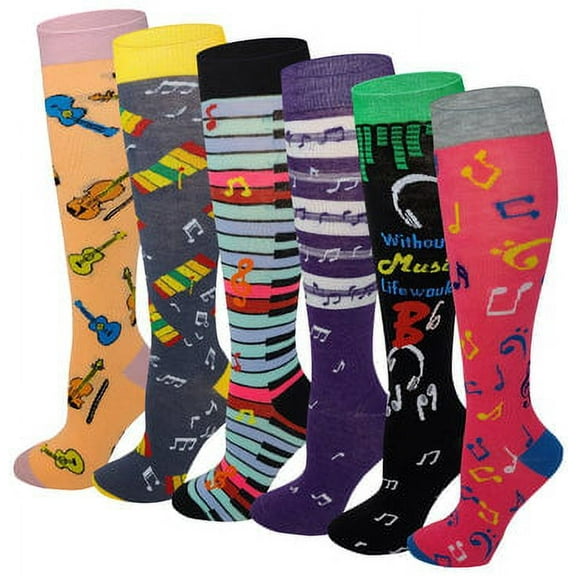 6 pairs Assorted Music Design Knee High Socks For Women