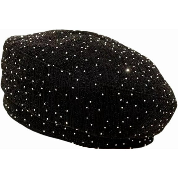 YooGuoGuo Women Shiny Rhinestone French Black Beret Hat Bling Bling Artist Causal Beanie Cap