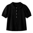 thumbnail image 2 of Vivianyo HD Women's Peter Pan Collar Linen Blend Blouses, Puff Short Sleeve Half Button Solid Casual Shirts for Women, Women's Black, Sizes S-3XL, 2 of 4