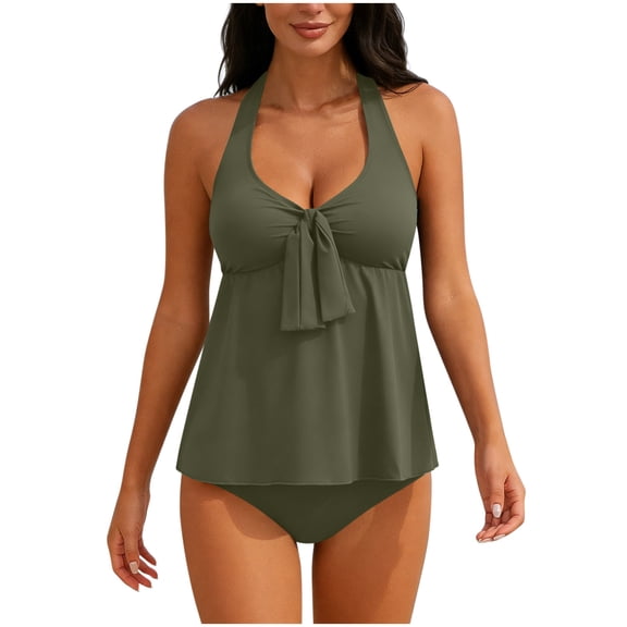 Guluxicc Women's Halter Neck Front Tie Tankini Sets Solid Color Flowy Hem Padded Two Piece Swimsuits for Summer Beach Bathing Suit