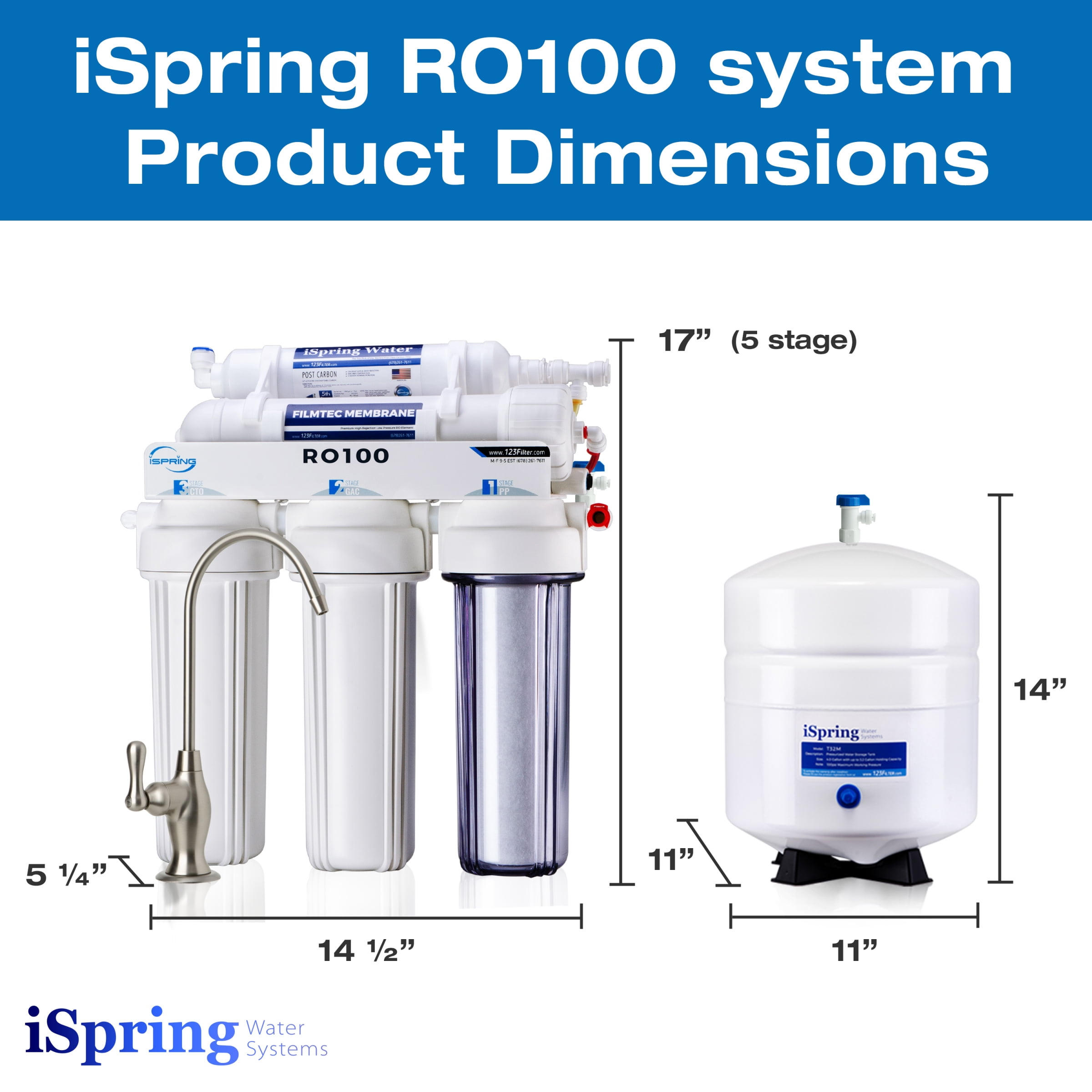 iSpring RO100 Under Sink 5-Stage Reverse Osmosis Drinking Water Filtration System High Capacity 100 GPD Fast Flow, 1:1 Pure to Waste Ratio, US Made Filters