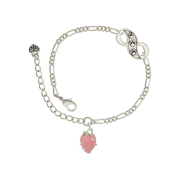 Delight Jewelry Silvertone Large 3-D Pink Strawberry with Crystals Silver-tone Paw Infinity Link Chain Bracelet, 6" 2" Extender