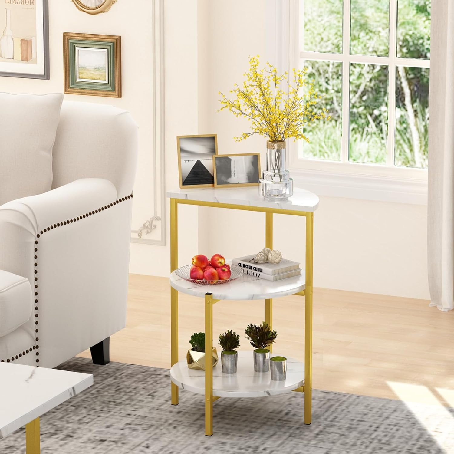 Cvortll Coffee Table Set of 3, Rectangle Faux Marble Tabletop & 2 Tiered Side Tables, Multi-Level Storage for Living Room（White & Golden）