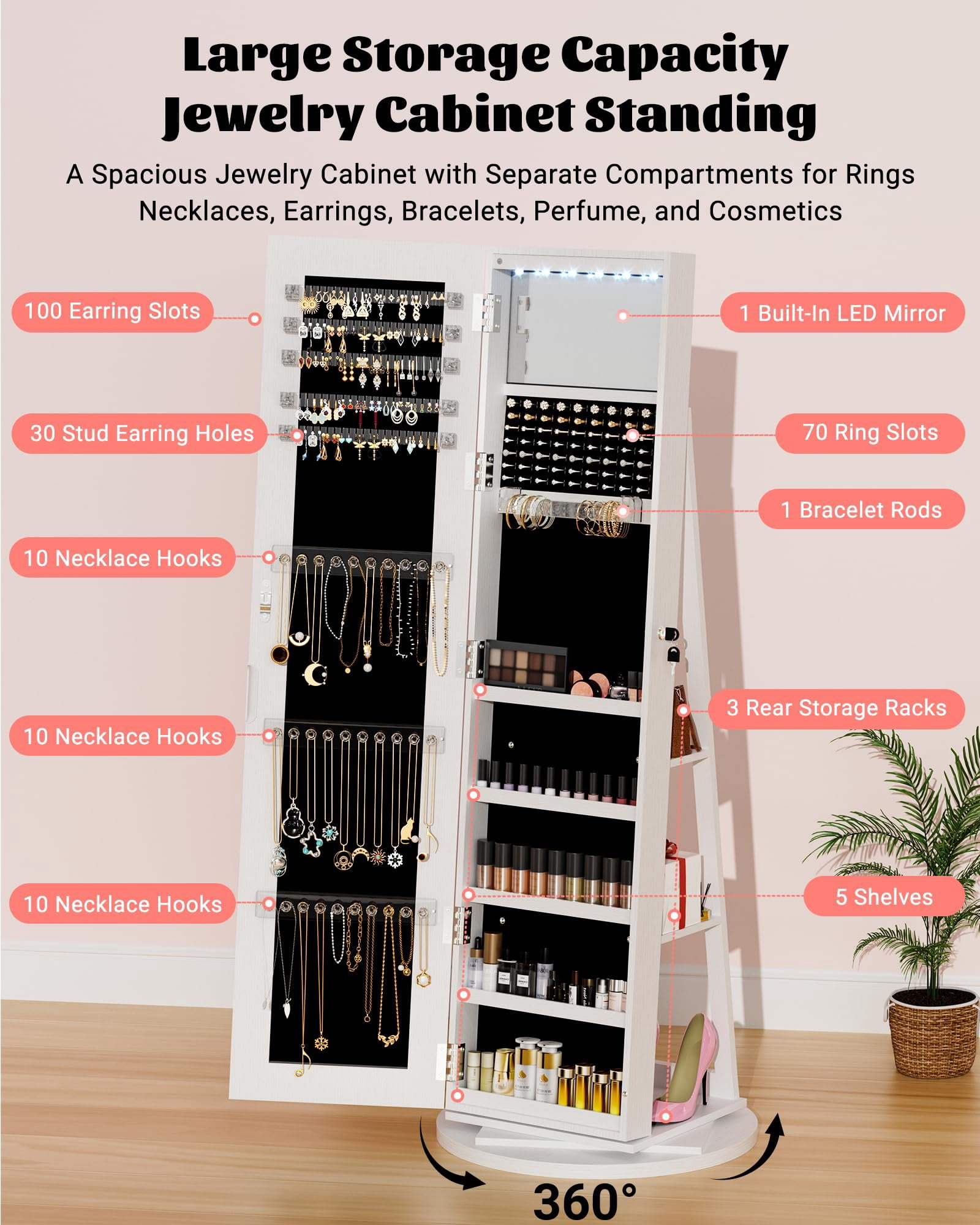 Jewelry Armoire with Frameless Full-Length Mirror, 360° Swivel Jewelry Cabinet Organizer Standing with 3 Back Shelves, 6 LEDs, Storage Lockable for Women Gift, White