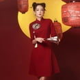 thumbnail image 4 of Vestido de novia estilo cheongsam para mujer, corto, modificado, color rojo vino, para boda, para otoño, 4 of 5