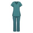 thumbnail image 1 of ICHUANYI Clearance Women Working Uniform Pocket Short Sleeve Blouse+Long Pants Two-piece Sets(Green, S) ICHUANYI WER2023080910042, 1 of 8