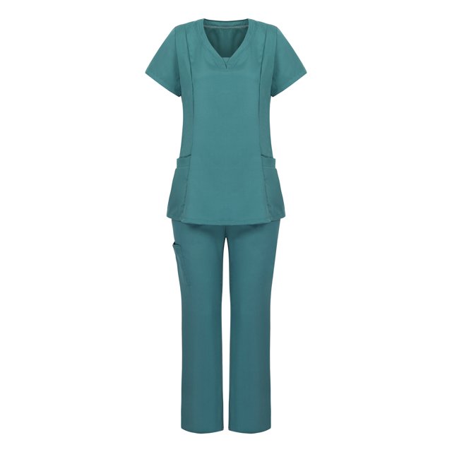 ICHUANYI Clearance Women Working Uniform Pocket Short Sleeve Blouse+Long Pants Two-piece Sets(Green, S) ICHUANYI WER2023080910042