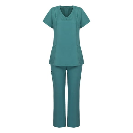 

SUWHWEA Christmas Gift Scrub Tops Women Working Pocket Short Sleeve Blouse+Long Pants Two-piece Sets on Clearance