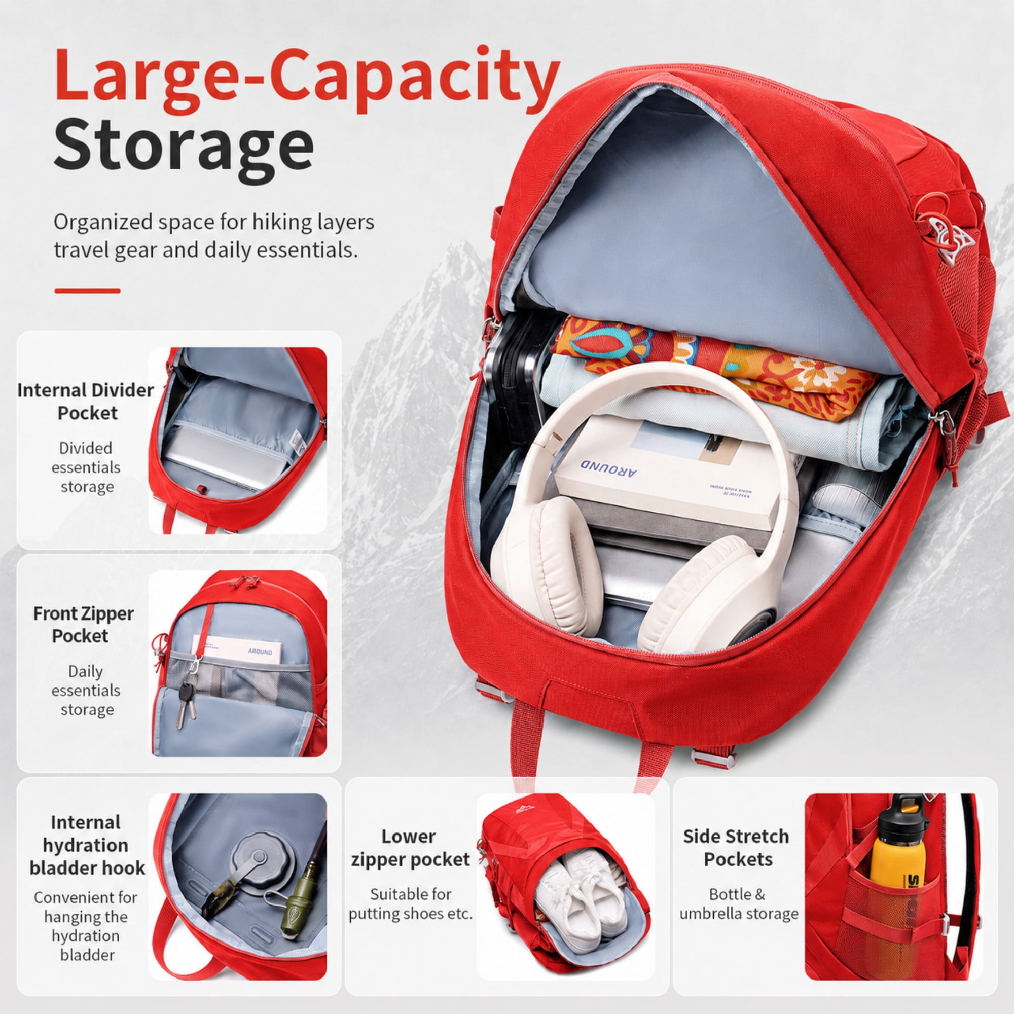 BSHTI 25L Polyester Nylon Hiking Backpack with Rain Cover, Breathable Back, Large Storage for Travel Camping（Red）