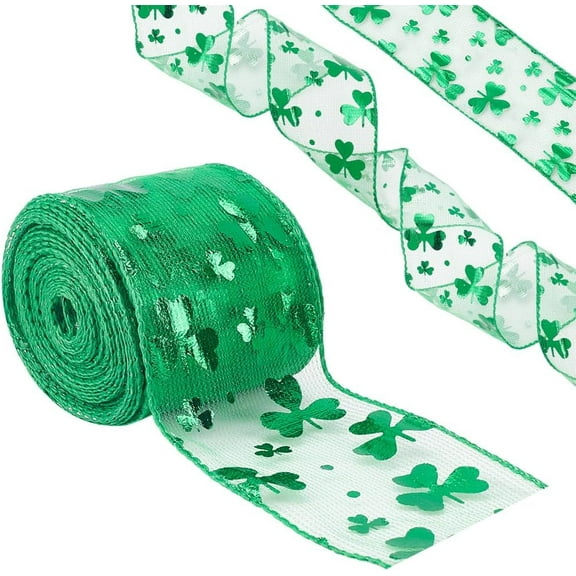15 Yards Wired Edge Ribbon 2 inch Shamrock Wired Edge Ribbon Green Shamrock Fabric Ribbons